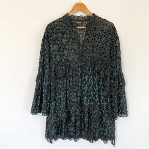 THE KOOPLES Paris Sz M Baby Doll Party Mini Dress Ruffles Black & Emerald Green